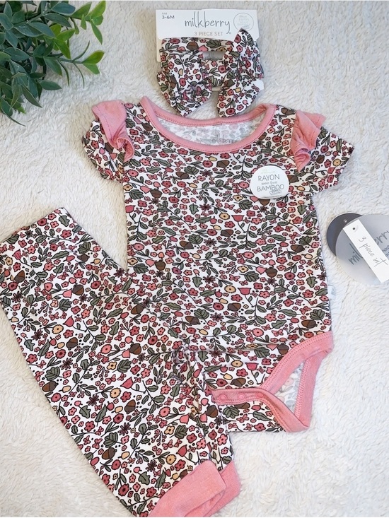 Milkberry Other - NWT Milkberry 3pc Set 3-6M Bamboo Bodysuit Pants Headband Acorns